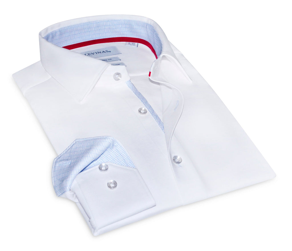 Kenneth- Cotton Knit-Stretch Button-Up Shirt With Contrast Details- White- Tailored Fit (Fitted)